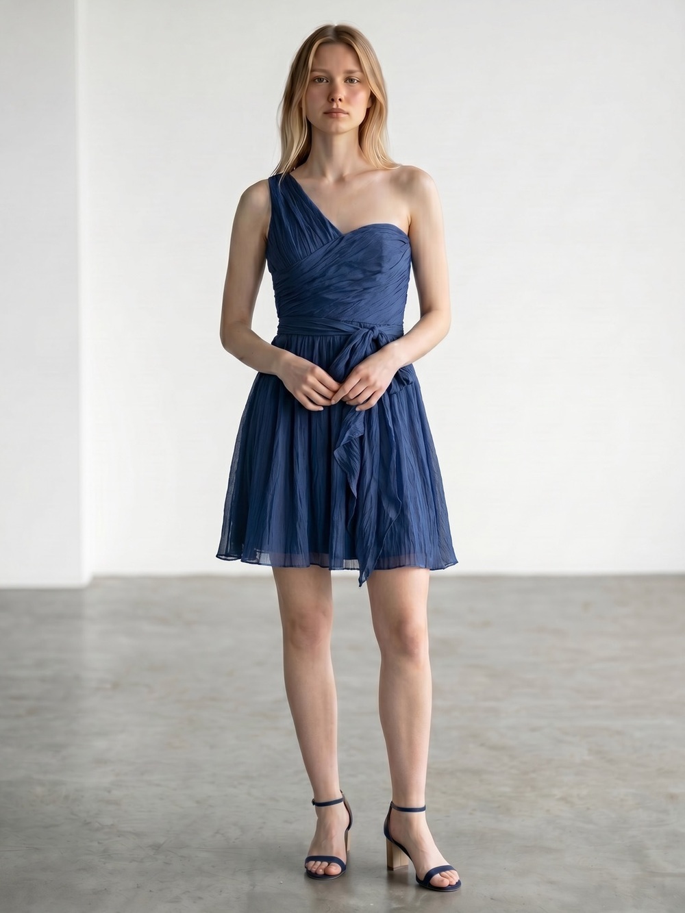 New Amsale 100% Silk One-Shoulder Navy Blue Dress With Waist Tie Size 0